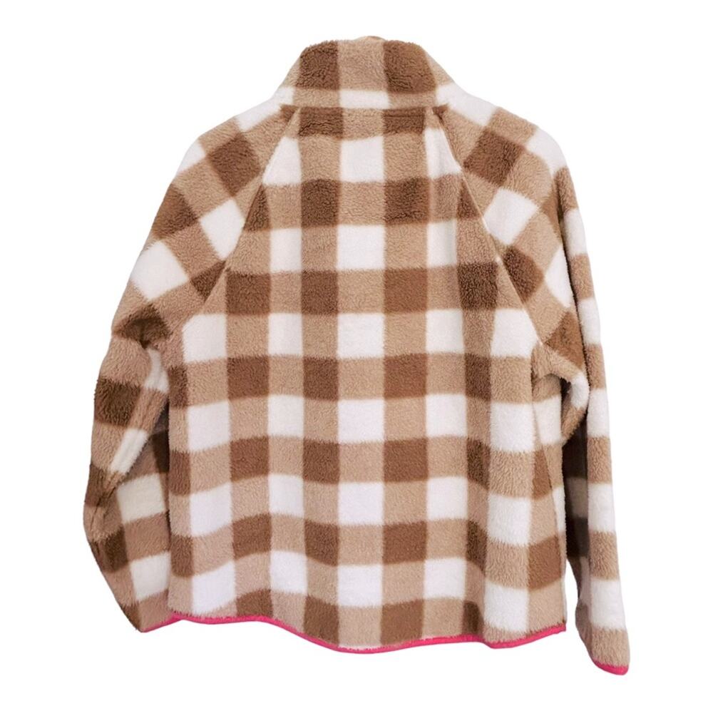 J Crew Tan Checkered Full Zip Sherpa Jacket with Pink Detail Medium - Picture 2 of 10